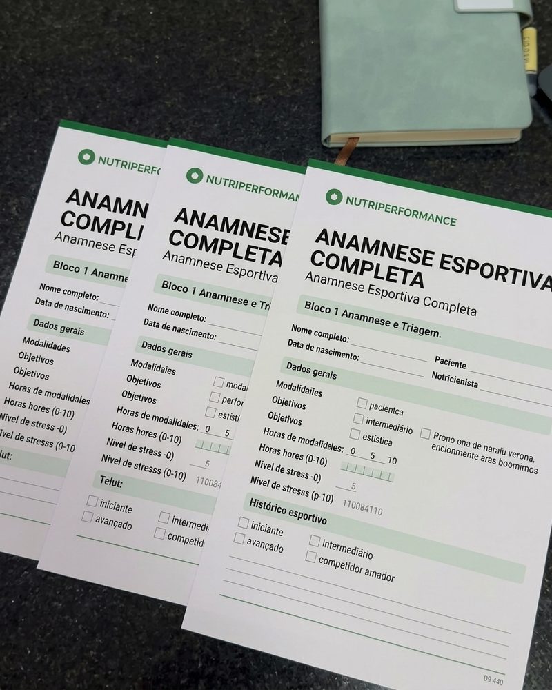 Fichas de anamnese esportiva do NutriPerformance impressas sobre a bancada