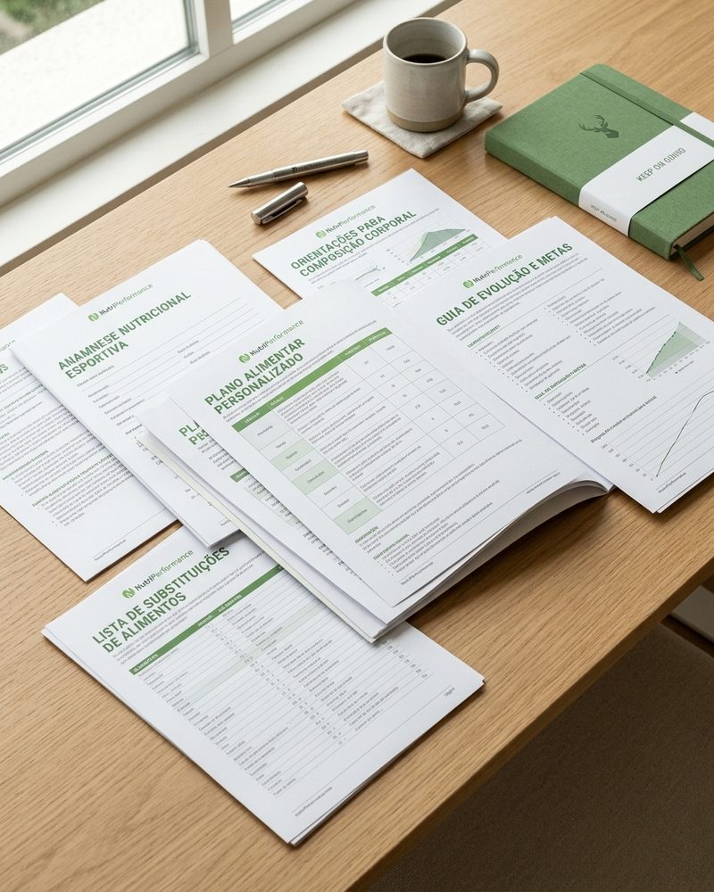 Documentos do NutriPerformance organizados sobre uma mesa, ao lado de uma xícara de café e um caderno