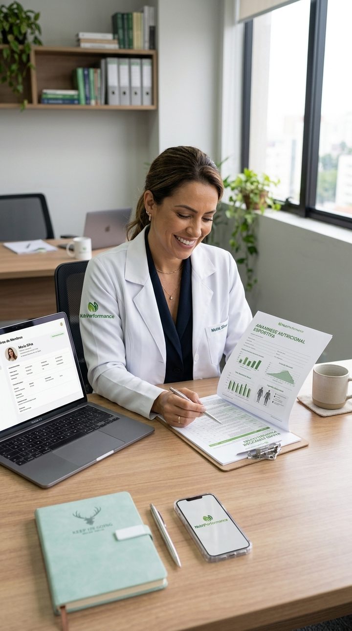 Nutricionista sorrindo enquanto preenche uma ficha na prancheta, com notebook, celular e caderno sobre a mesa